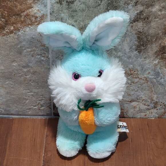 Vintage Kaybee Blue And White Bunny Rabbit Holding Carrot Plush - Picture 4 of 11